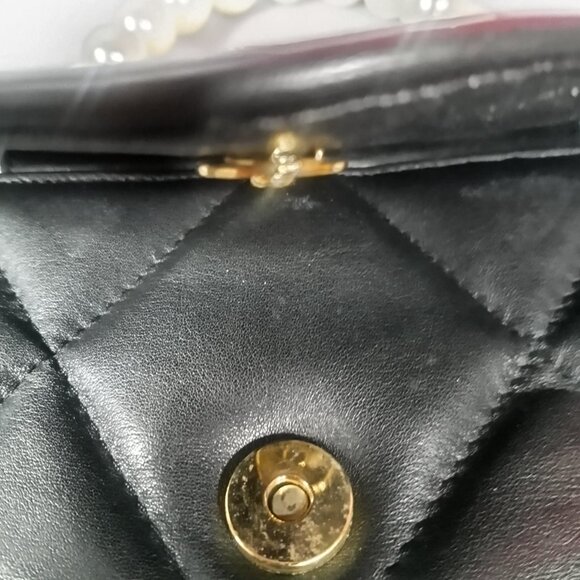 Classic Designer Inspired Quilted Pearl Hand Bag with Shoulder Strap Black - Picture 11 of 16